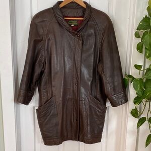 Danier Women’s Vintage Dark Brown Leather Coat Long Boho Casual western